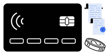 Fatura ve paranın yanında çip olan bağlantısız bir ödeme kartı. Finans, teknoloji, dijital ödeme, ticaret ve bankacılık konuları için ideal. Düz vektör biçimi