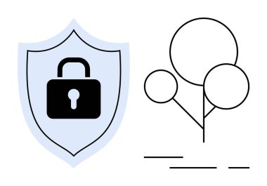 Minimalist bir ağacın yanında kilit sembolü olan bir kalkan. Güvenlik koruması için ideal mahremiyet basitlik ve teknoloji. Temiz çizgiler ve soluk renkler elementlerin modern tarzını geliştirir