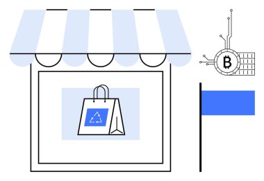 Mavi ve beyaz tenteli bir dükkan, içinde geri dönüşüm sembolü olan bir alışveriş çantası ve elektronik Bitcoin sembolü. Sürdürülebilir alışveriş, kripto para birimi, eko-bilinç, dijital ekonomi ve perakende için ideal