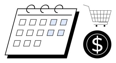 Soldaki takvimde kareler, alışveriş arabası ve bir dolar işareti var. Finansal planlama, bütçe, alışveriş programları, tasarruf ve ekonomik yönetim için ideal. Basit ve modern.