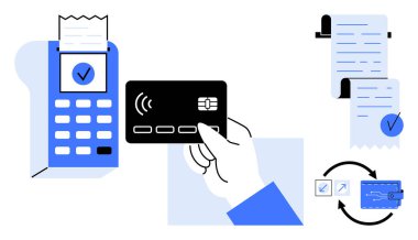 Üzerinde fatura olan bir ödeme terminalinin yanında temassız kredi kartı tutan bir el, yanında dijital makbuzlar ve dijital ödemeler, e-ticaret, fintech teknolojisi için ideal bir nakitsiz işlem simgesi