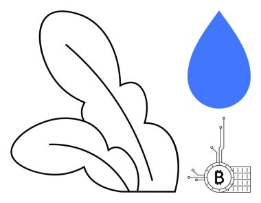 Siyah ve beyaz yapraklar, mavi bir su damlası ve devre bağlantılı bir Bitcoin sembolü. Sürdürülebilir tarım, kripto para birimi, enerji korunumu, su yönetimi ve dijital finans için ideal