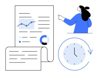 Mavili bir kişi grafikler ve pasta grafikleriyle dolu bir iş raporuna işaret ediyor. Saat zaman yönetimini sembolize eder. İş sunumları, raporlama, zaman yönetimi, veri analizi ve şirket için ideal
