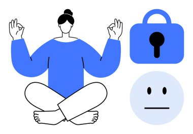Sakin biri el hareketleriyle, güvenlik kilidi sembolüyle ve ifadesiz yüzüyle meditasyon yapıyor. Sağlık, farkındalık, akıl sağlığı, güvenlik ve duygular için idealdir. Basit modern biçim