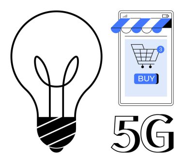 Mavi bir alışveriş arabası sembolü ve 5G mesajı olan akıllı telefonun yanında ampul var. Teknoloji için ideal, dijital pazar yeri, yenilik, hız, modern bağlantı. Siyah, beyaz ve mavi çizgi film tarzı