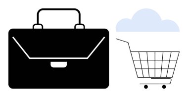 Mavi bulutlu alışveriş arabasının yanında siyah bir çanta. İş alışverişi için ideal e-ticaret pazarlama bulut depolama sembolizmi vektör stili basit minimalist konsept