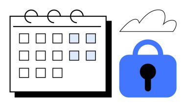 Bulut çizgisi yanında basitleştirilmiş bir takvim ve kilit sembolü. Gizlilik güvenliği bulutu yönetimi ve çevrimiçi takvimler için ideal. Modern vektör biçimi beyazı minimalist tasarımı içerir