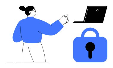 Mavi elbiseli biri büyük mavi kilit sembollü siyah bir dizüstü bilgisayarı işaret ediyor. Siber güvenlik teknolojisi için ideal çevrimiçi gizlilik veri koruması dijital güvenlik