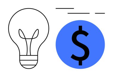 Fikirleri ve parasal başarıyı vurgulayan mavi doların yanında bir ampul. İş için ideal, finans, yaratıcılık, yenilik, başlangıç. Minimalist vektör tarzı. Siyah mavi ve beyaz