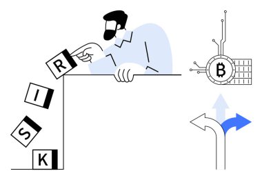 Bir adam risk bloklarını kripto para birimi sembolü ve karar oklarıyla düşünür. Finans, yatırım, risk yönetimi, kripto para birimi ve karar verme için ideal. Düz vektör biçimi, minimalist renkler