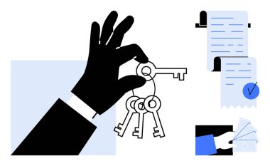 İmzalı belge ve el işareti ile el ele tutuşma anahtarları. İş için ideal, gayrimenkul, sözleşme anlaşmaları, anahtar takası ve işlemler için. Mavi, siyah ve beyaz renkler kullanarak basit düz biçim