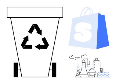 Recycle bin with arrows, shopping bag, and industrial factory. Ideal for environment protection, waste management, sustainability awareness, pollution control, recycling education. Simple, clean clipart