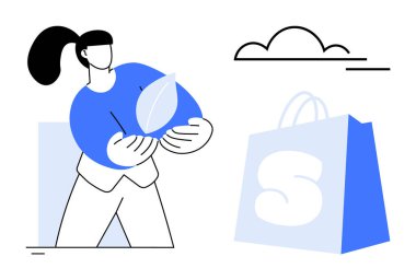 A person holding a leaf symbol with a cloud and a shopping bag in the background. Ideal for eco-friendly promotions, sustainable living, green commerce, environmental campaigns, and modern clipart