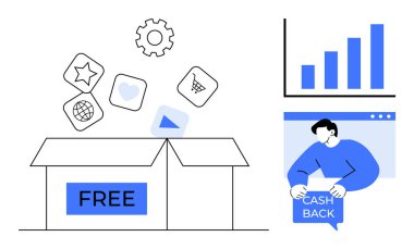 Üzerinde yıldız küresi alışveriş arabası kalbi ve oyun düğmesi gibi simgelerle etiketlenmiş açık kutu. Müşteri, pazarlama promosyonları için ideal büyüme grafiğinin yanında Cash Back tabelası tutuyor.