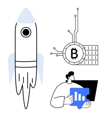 Roket fırlatılışı, veri analizi ile sembolize edilir, ve Bitcoin sembolü dijital büyümeyi tasvir eder. Teknoloji, finans, kripto, iş geliştirme ve yenilik için ideal. Basit modern.