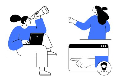İki kişi farklı faaliyetlerde bulunuyor. Biri dizüstü bilgisayarda çalışırken teleskop kullanıyor, diğeri ileri bakıyor. Web arayüzü işaret eden bir el ve kullanıcı simgesi gösteriyor. İş için ideal