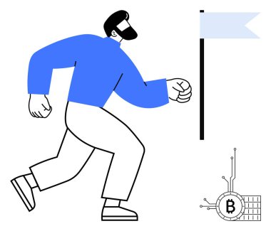 Adam bayrağa doğru koşuyor. Yanında Bitcoin sembolü olan bir adam bir hedefi temsil ediyor. Finans, kripto para birimi, engelleme zinciri, motivasyon ve başarı temaları için ideal. Minimalist vektör biçimi belirgindir