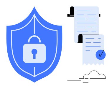 Üzerinde kilit sembolü olan mavi bir kalkan. İki belgenin yanında güvenlik sembolü var. Birinde işaret var. Veri güvenliği, gizlilik, belge koruması, siber güvenlik, dijital güvenlik için ideal. Basit.
