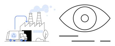İki parça duman yayan bir fabrika, geri dönüşüm kamyonu ve sağda büyük bir göz. Çevre bilinci, endüstriyel izleme, sürdürülebilirlik, kirlilik kontrolü ve geri dönüşüm için ideal