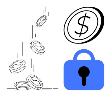 Üstten düşen paralar ve mavi kilit para yönetimini simgeliyor. Finans, güvenlik, tasarruf, yatırım ve bankacılık gibi konular için idealdir. Siyah ve beyaz, minimalist tarzda.