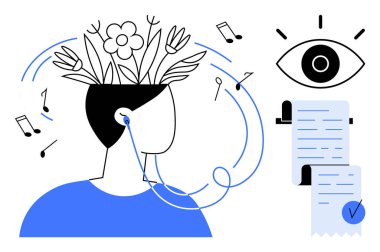 Bir insan kulaklık takar ve kafasından yapraklar çıkar. Mavi notalar havada süzülürken işaretli bir belge ve bir göz görülebilir. Yaratıcılık ve farkındalık için ideal