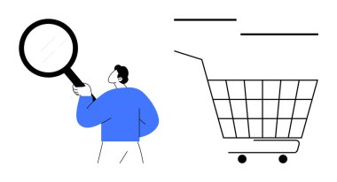 Elinde büyüteç olan mavi tişörtlü biri alışveriş arabasının yanında durup online alışveriş ve arama temalarını vurguluyor. E-ticaret, ürün araması, alışveriş, tüketici davranışı için ideal