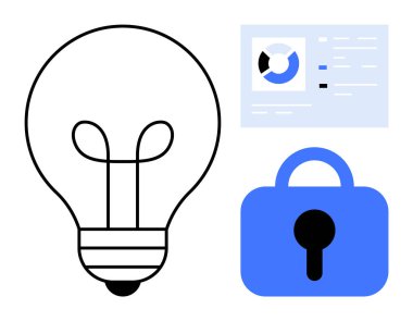 Ampul, kilitli asma kilit ve veri tablosu. Yenilik, iş, güvenlik, veri analizi ve teknoloji için ideal. Beyaz, mavi ve siyah renklerle basit bir tarz. Parlak fikirler ve verileri temsil eder