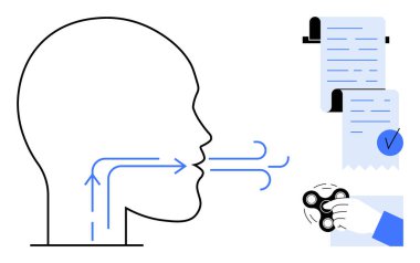 Konuşma oklarıyla insan kafası, kağıt üzerinde kontrol listesi ve el ele tutuşmalar. Akıl sağlığı, konuşma terapisi, stres atma, verimlilik, sağlık için idealdir. Basit ve modern stil