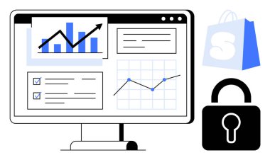 Bilgisayar ekranında büyümeyi gösteren çizelgeler ve grafikler var. Alışveriş torbası ve kilit sembolü e-ticaret güvenliği taşıyor. İş analizleri, çevrimiçi güvenlik, e-ticaret, büyüme için ideal