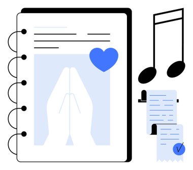 Dua eden elleri, mavi kalbi, notaları ve listeleri olan bir defter. Maneviyat, gazetecilik, organizasyon müzik verimliliği için idealdir. Basit, modern, temiz bir tarz.