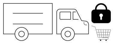 Delivery truck along with a padlock and shopping cart. Ideal for ecommerce, online shopping security, delivery services, shipping logistics, and internet safety. Simple line art style clipart