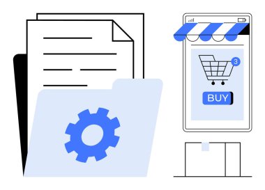 Dizin, belgeler ve vites simgesi solda, cep telefonu ekranı alışveriş arabası ve satın alma tuşu sağda. İş, teknoloji, e-ticaret, otomasyon, dijital dönüşüm için ideal. Basit modern.