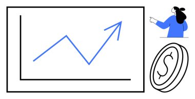 Çizelgede yukarı doğru yükselen mavi bir akım çizgisi. İşkadını işaretli ve bozuk para sembollü. Mali büyüme, iş stratejisi, ekonomik ilerleme, yatırım içgörüleri ve pazar analizi için ideal