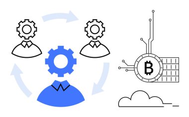 Biri dişli olmak üzere oklarla birbirine bağlı üç figür işbirliğini temsil ederken, dijital çizgileri olan bir Bitcoin sembolü engelleme teknolojisini vurguluyor. Takım çalışması, yenilik, kripto para birimi için ideal