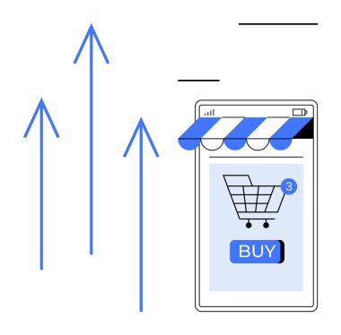 Mavi alışveriş arabalı akıllı telefon ekranı ve online alışverişi temsil eden satın alma düğmesi. Yukarı bakan üç mavi ok artan e-ticaret başarısını simgeliyor. Çevrimiçi iş e-ticareti için ideal