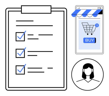 Panoda dijital bir alışveriş listesi, alışveriş arabası ve satın alma düğmesi olan bir akıllı telefon ekranı ve siyah-beyaz çizim tarzı bir kadın profili. Çevrimiçi alışveriş ve görev yönetimi için ideal