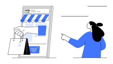 Akıllı telefon ekranından bir el uzanır ve alışveriş torbaları tutar. Uzun saçlı bir kadın onu işaret ediyor. E-ticaret, çevrimiçi alışveriş, mobil uygulamalar, dijital perakende, modern yaşam tarzı için ideal