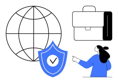 Küre küresel ağı öneriyor. Güvenlik işareti olan bir kalkan. Evrak çantası iş anlamına geliyor. Rehberlik eden biri. Küresel iş, güvenlik ve profesyonel rehberlik için ideal