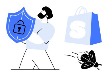 Kilitli bir kalkan, S 'li bir alışveriş çantası ve yakınlarda bir böcek tutan bir adam. Çevrimiçi güvenlik, e-ticaret, siber güvenlik farkındalığı, veri koruması ve çevrimiçi tehditler için ideal. Basit modern biçim