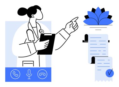 Steteskoplu doktor elinde pano ile tıbbi belgenin üzerinde iyileşme sembolünü işaret ediyor. Teletıp sağlık doktorları için sağlık danışma notları ve refah notları için ideal bir işaret.