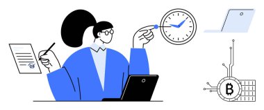 Bir iş kadını elinde bir kalem tutuyor ve saate bakıyor. Yakınlarda bir sözleşme, bir dizüstü bilgisayar ve bir Bitcoin sembolü var. Zaman yönetimi, iş planlaması, kripto para birimi, dijital için ideal