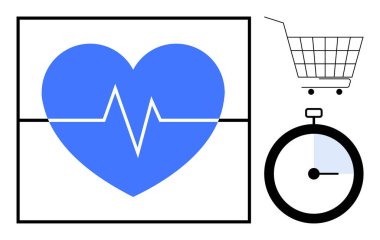 EKG 'si, alışveriş arabası ve kronometresi olan mavi kalp sağlık, e-ticaret ve zaman yönetimini ön plana çıkarıyor. Sağlık, çevrimiçi alışveriş, zaman yönetimi, sağlık ve verimlilik için ideal