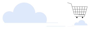 Minimalist bir alışveriş arabası yumuşak mavi bulutların arasında süzülüyor gibi görünüyor. Çevrimiçi alışveriş, dijital pazarlama, e-ticaret, bulut teknolojisi ve sanal perakende için ideal. Temiz ve modern stil