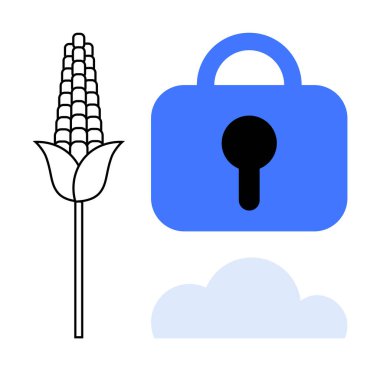 Mısır kulağı, mavi asma kilit ve bir bulut. Çiftçilikte dijital güvenlik, tarım, teknoloji entegrasyonu, veri koruması ve bulut depolama için idealdir. Basit, modern, temiz bir tarz.