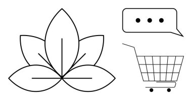 Nilüfer çiçeği, konuşma balonu ve alışveriş arabası özeti olan sade siyah beyaz bir tasarım. Sağlık, iletişim, e-ticaret, doğa ve çevrimiçi alışveriş temaları için ideal. Asgari biçim