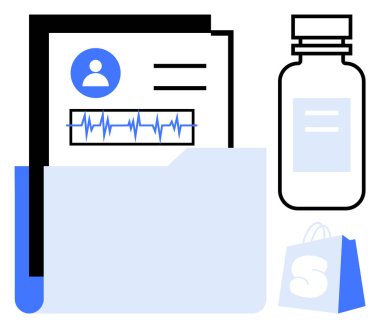 İçinde belgeler, hasta profili ve kalp atış hızı çizelgesi olan dosyalar. Yanında bir ilaç şişesi ve alışveriş çantası var. Sağlık, tıbbi kayıtlar, eczane, hasta bakımı ve sağlık için ideal