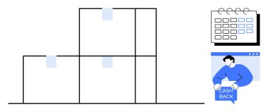 Kutuları istiflenmiş bir depo, duvarında bir takvim ve nakitle anlaşmaları destekleyen bir kişi. Lojistik, programlama, e-ticaret, promosyonlar, finansal planlama için ideal. Modern minimalist stil