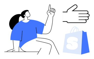 Bir insan, yanında stilize edilmiş bir el ve S ile işaretlenmiş dijital alışveriş, çevrimiçi perakende satış, e-ticaret, modern teknoloji ve kullanıcı etkileşimi için bir alışveriş çantası ile yukarıya doğru uzanır.