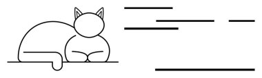 Görünür kulakları ve kuyruğu olan bir kedi çizimi. Yatay çizgiler sağa doğru konumlanmış. Minimalist tasarım, evcil hayvan temaları, rahatlama, basitlik ve temizlik için ideal