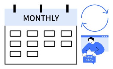 Aylık etiketli bir takvim, yinelenen bir döngü sembolü ve parayı geri alan bir kişi. Finansal yönetim, bütçe, tasarruf, sadakat programları ve ödül sistemleri için ideal. Düz tasarım biçimi